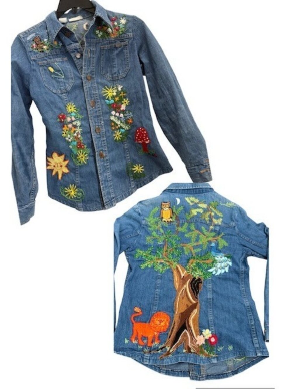 OOAK Hand Embroidered Denim Jacket Womens Medium Nature Woodland owl Peacock